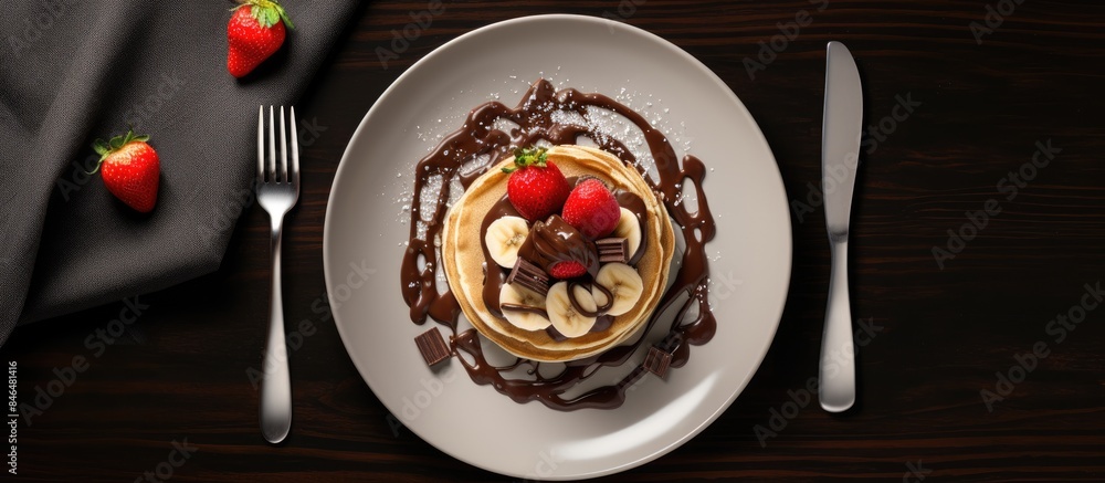 Poster copy space image of a crepe topped with chocolate cream chocolate chips banana and strawberry elegan