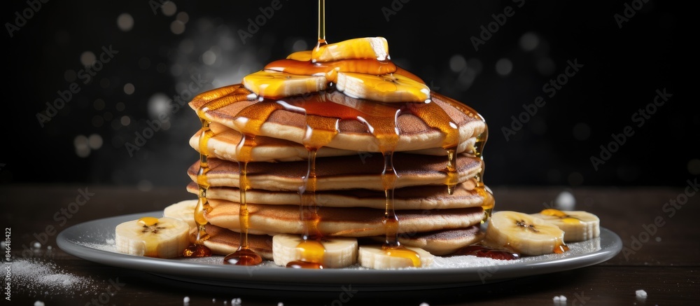 Poster Gray table with a copy space image showcasing delicious pancakes topped with sliced banana and drizzled with honey