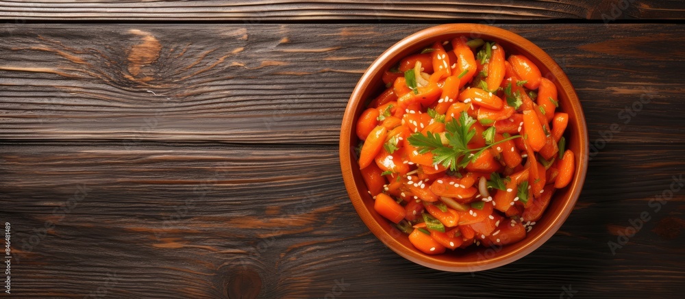 Poster top view of a bowl filled with a korean pickled carrots salad placed on a wooden background with cop