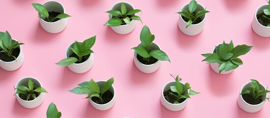 Green plants in white pots showcased from a top down perspective against a vibrant pink background with ample empty space for additional content