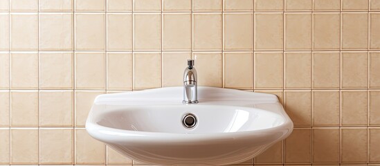 Fototapeta premium Professional plumbing and installation concept with a bottom view of a new white washbasin sink connected to a sewer on a background of light beige ceramic tiles in a bathroom Copy space image