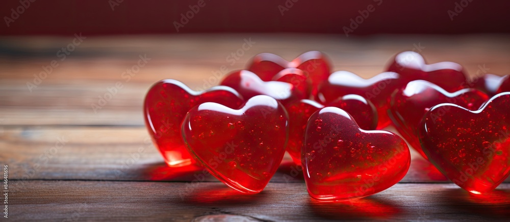 Aufkleber valentine s day concept with copy space image displaying red jelly hearts on a wooden background