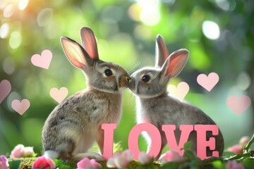 Obraz premium Two gray rabbits and love