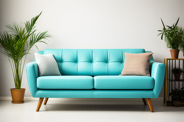 White living room modern with empty light blue leather sofa with pillow placed on top and side plant vase. Decoration place in living room or drawing room. Modern interior by furniture decor.