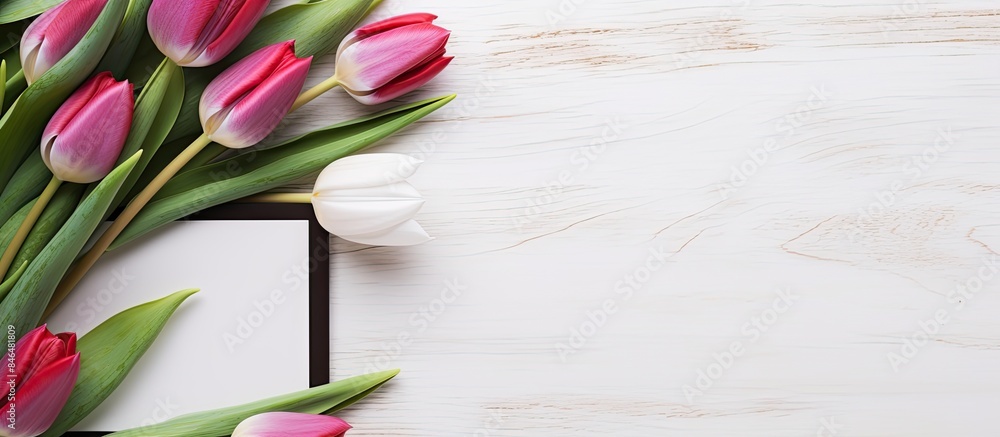 Poster copy space image of a laptop placed on a white floor surrounded by beautiful tulips