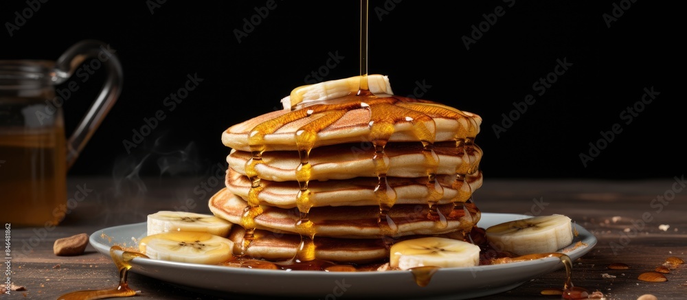 Poster Gray table with a copy space image showcasing delicious pancakes topped with sliced banana and drizzled with honey