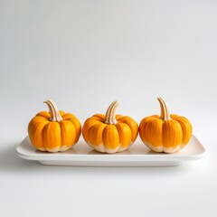 Obraz premium Three mini pumpkins on a white tray, ideal for Thanksgiving decoration and autumn themes.