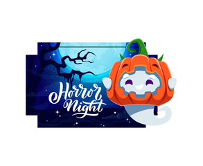 Halloween holiday sticker with funny kawaii ghost character wear pumpkin, radiating cuteness with its adorable smiling face. Isolated vector horror night badge with cute spook, moon, and web on tree