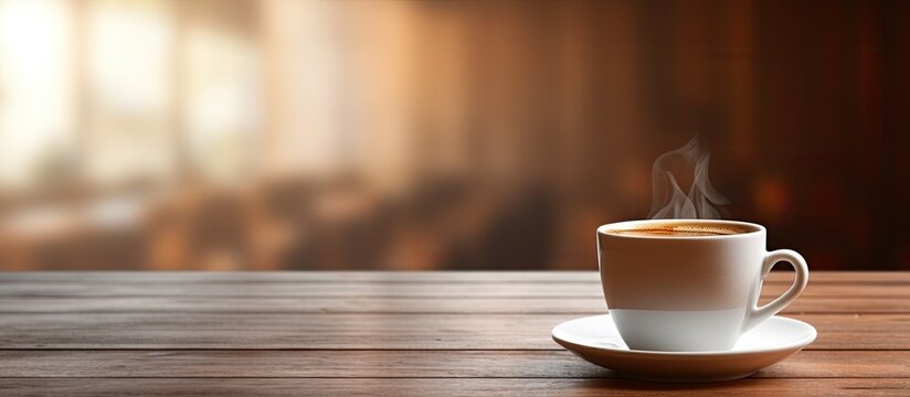 The interior of a coffee shop features a coffee cup on a table leaving empty space for text or images. copy space available