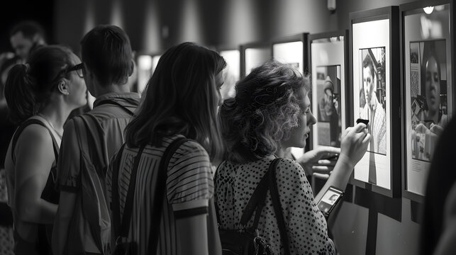 Group of multi-ethnic visitors scanning QR codes to get more information about black and white photos on display at a museum exhibition