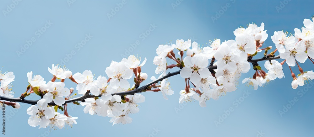 Poster clear blue sky frames the branches of flowering apricot adorned with delicate white blossoms creatin