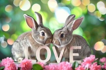 Fototapeta premium Two gray rabbits and love