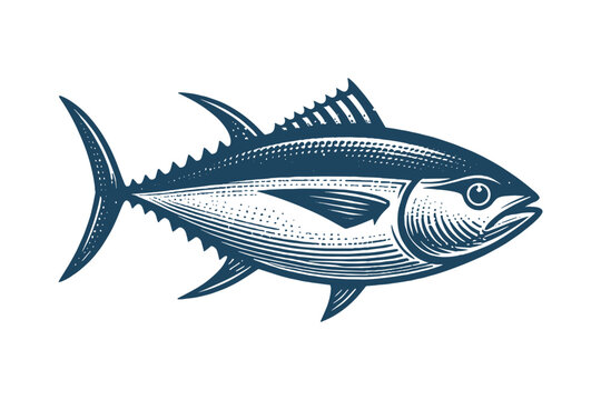 Tuna fish Vintage engraving illustration, icon, logo. Seafood. Vector drawing. Blue color. hand drawn