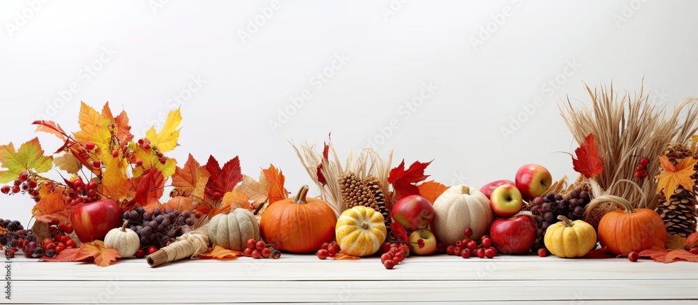 Poster Thanksgiving themed autumn elements like pumpkins apples walnuts maple leaves wheat red berries and flowers arranged on a white wooden table with a light background and room for text