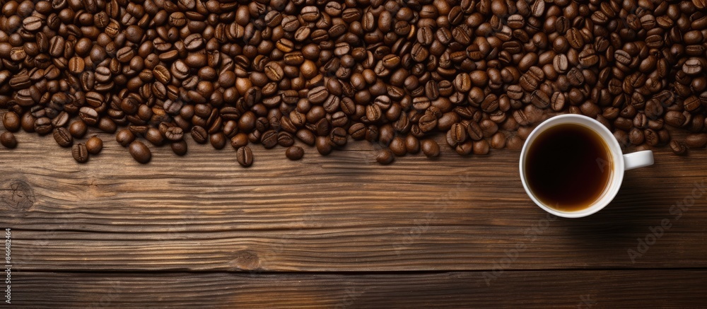 Poster top view copy space image of a wooden background with a coffee cup and coffee beans