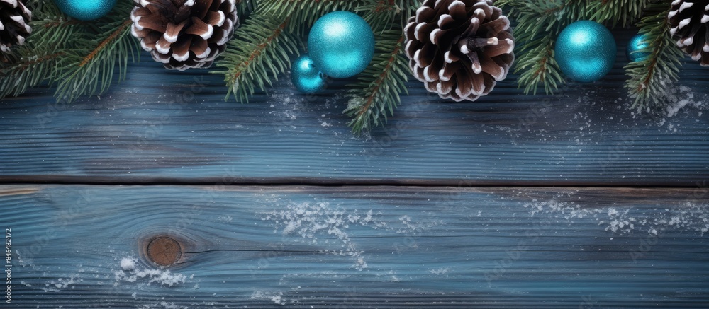 Wall mural The blue wooden background is adorned with a fur tree branch cones Christmas balls and a snowy appearance creating a Christmas decorative background There is a copy space image available