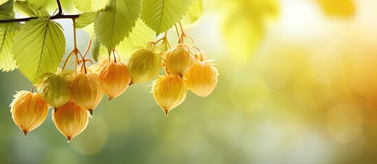 Copy space image of hornbeam fruits in the foreground against a beautifully blurred background with abundant bokeh