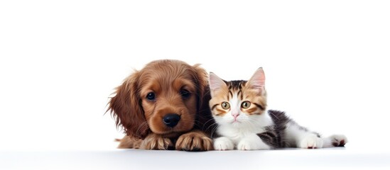 Naklejka na ściany i meble Lovely pets a cute dog and cat captured in a copy space image against a white background