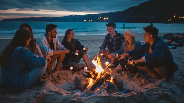 Group of friends enjoying a beach bonfire, roasting marshmallows and sharing stories at dusk, capturing the essence of friendship and adventure at the coastline - Powered by Adobe