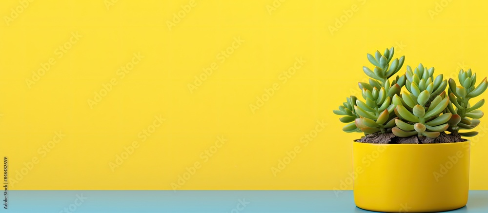 Poster bright yellow banner with a succulent in a pot providing a large copy space image