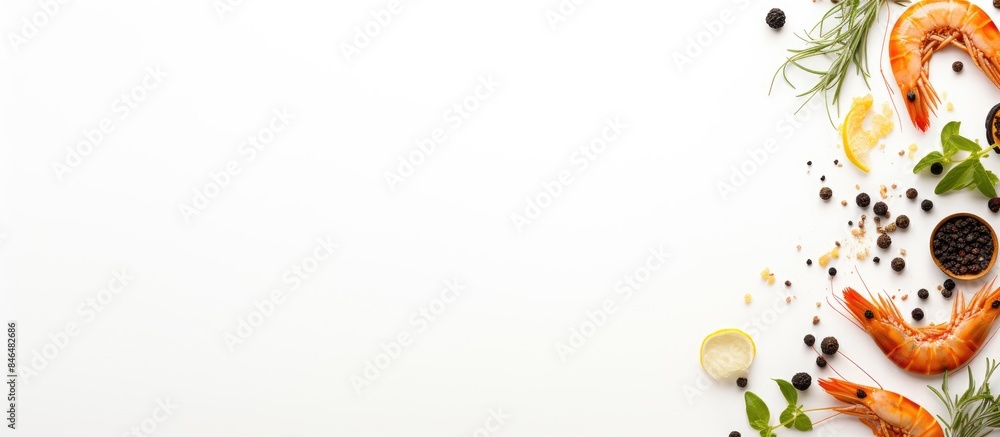 Poster copy space image of fresh shrimps and aromatic spices placed against a clean white backdrop