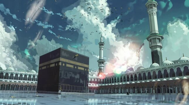 illustration of the Kaaba in Mecca during the Hajj season. seamless animation video. anime or cartoon style