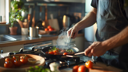 Close-up of a man preparing a home-cooked meal with fresh tomatoes and herbs on a stovetop, showcasing the beauty and authenticity of homemade food in a cozy kitchen setting.