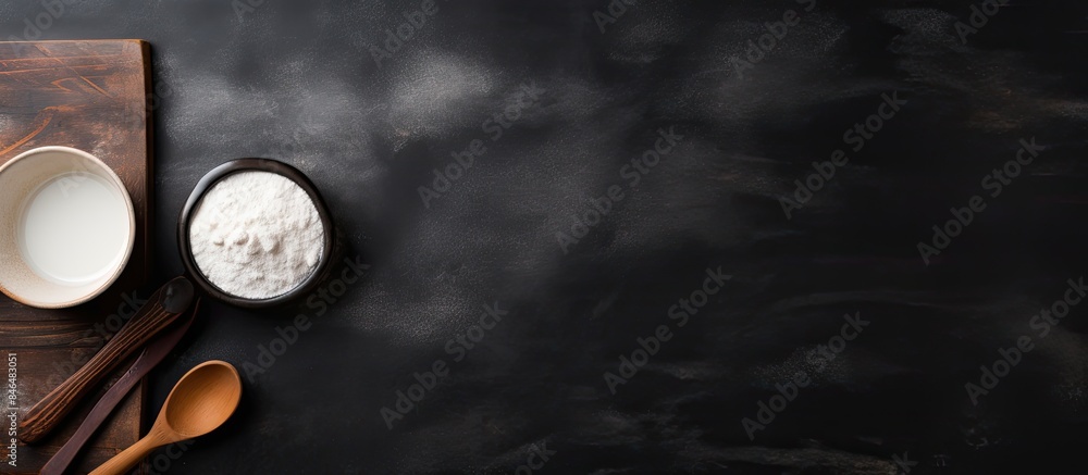 Aufkleber Top view of a black ceramic table with a rolling pin and starch providing a copy space image for text on the side