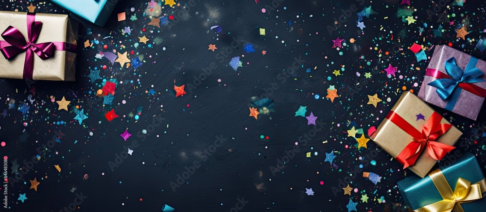 Aufkleber top view of colored background with gifts confetti and party accessories ideal for copy space image