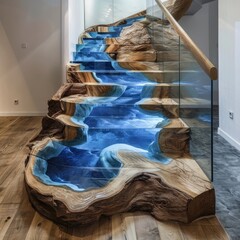 Sophisticated steps: beautiful modern staircase made wood and glass, creatively designed led lights beneath each step, complemented by natural rock slabs, home interior minimalistic wooden flooring.