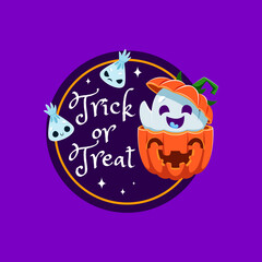 Halloween gift tag with cute ghost perched inside a grinning pumpkin. Isolated vector round badge for festive presents adorned with charmingly spooky phantom and ghostly candies, round, sticker, patch