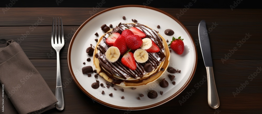 Poster copy space image of a crepe topped with chocolate cream chocolate chips banana and strawberry elegan