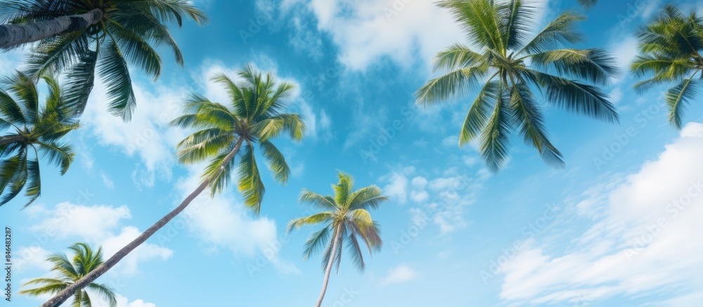 Poster the captivating view showcases coconut palm trees in all their beauty offering a unique perspective 