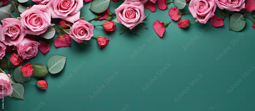 Aufkleber Top view copy space image of a festive background adorned with pink roses over a green backdrop ideal for Valentine s Day birthdays weddings or any other joyous occasion