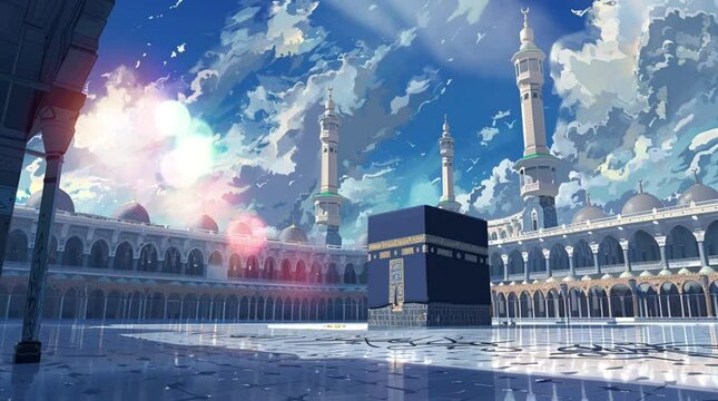 illustration of the Kaaba in Mecca during the Hajj season. seamless animation video. anime or cartoon style