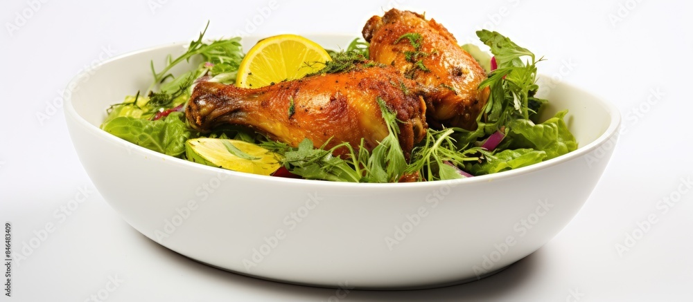 Aufkleber spiced chicken drumstick with salad and turmeric served in a white bowl perfect for a copy space ima