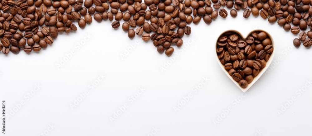 Poster valentine themed hearts frame made with roasted coffee beans and dried tea leaves placed on white ba