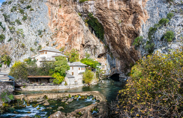 Monastery by Buna River spring in the town of Blagaj near Blagaj Tekija house village. Blagaj, Mostar, Bosnia and Herzegovina, Europe