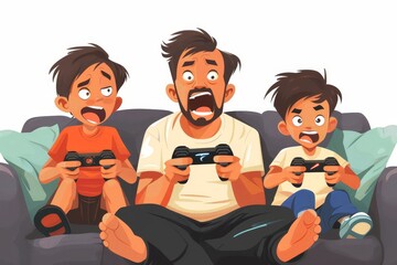 Father and Sons Gaming Together on Console