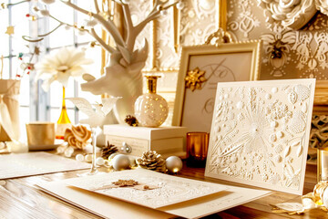 Assortment of luxurious white and gold embossed notebooks with festive decor.