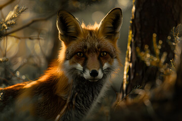 Fototapeta premium Beautiful red fox bathed in warm sunlight in the forest, close-up portrait with blurred natural background