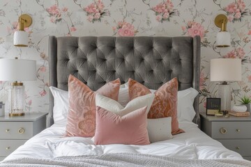 Design an elegant and modern bedroom with pink, grey, white, and gold accents, patterned wallpaper