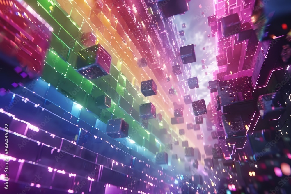 Poster dynamic abstract rainbow colored light streaks in a digital matrix, creating a futuristic and vibran