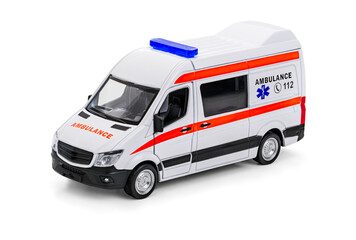 High-resolution image of an Toy emergency ambulance van. Emergency medical care