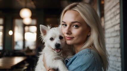 Portrait of beautiful young woman holding her dog in hands. Cute white dog in arms of loving owner. With dog in coffe shop
