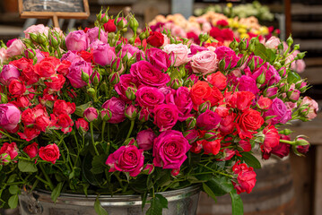 a bucket of fresh-cut roses multicolored
