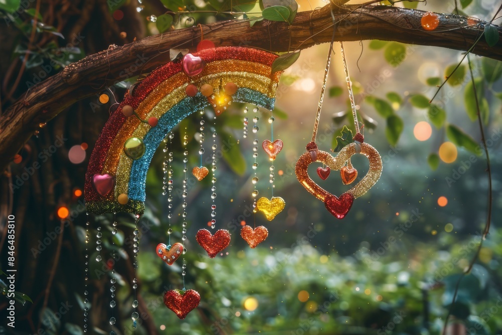 Poster magical rainbow ornaments hanging on a tree branch with bokeh lights, creating a whimsical and encha