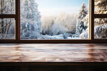 Empty brown wood floor and window clear glass with winter landscape in pine forest with snow. Snowfall white and trees View from house to nature in winter season. Winter frozen window. 