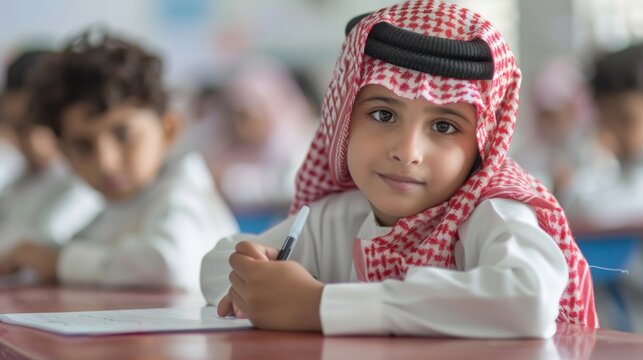 Portrait of Saudi Arabian young school boy sitting at his desk in the classroom and looking at camera