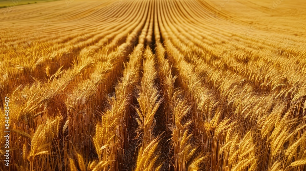 Poster aerial view of a wheat field with rows of wheat